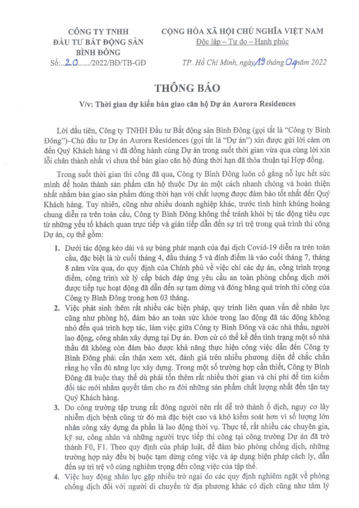 Thông Báo Thời Gian Bàn Giao Dự án Căn Hộ Chung Cư Aurora Riverside Quận 8 0